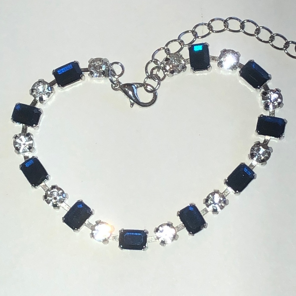 Elegant Silver Tone Navy Blue Rhinestone Tennis Bracelet